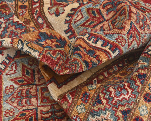 12 Feet Beige Kazak Afghan Hand Knotted Wool Runner Rug